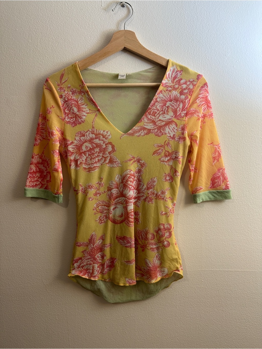 Sweet Pea Yellow Mesh Top with Pink Floral Print, Vintage